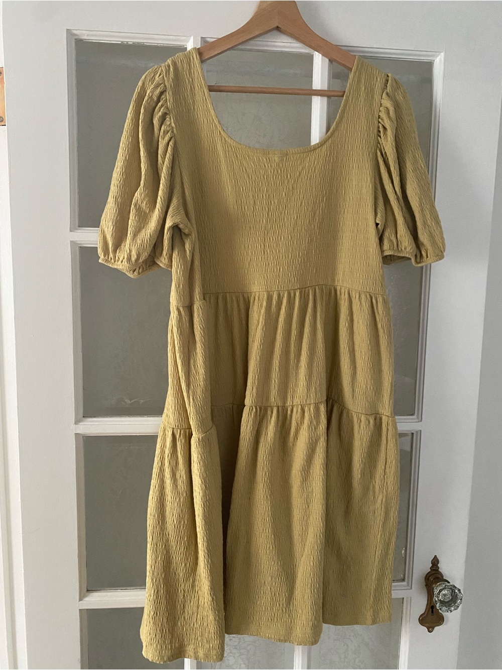 ASOS Mustard Tiered Midi Dress with Puff Sleeves - Picture 2 of 4